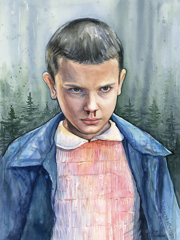eleven-stranger-things-portrait-watercolor-art-olechkadesign