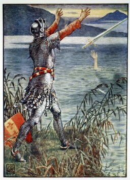 'Sir Bedivere casts the sword Excalibur into the Lake', 1911. Of the rebellion of Mordred and death of King Arthur. From "Stories of the Knights of the Round Table" by Henry Gilbert, first edition, 1911.
